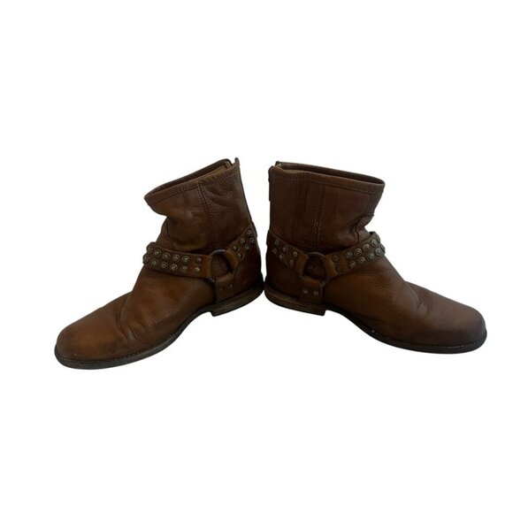 Frye Phillip Studded Harness Boots Booties Short Brown Leather Size 6.5 Women's - Picture 10 of 15